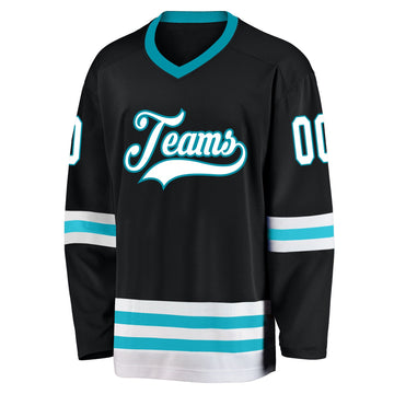 Uksn Individuelles Schwarz Weiß-Petrol Eishockey-Trikot