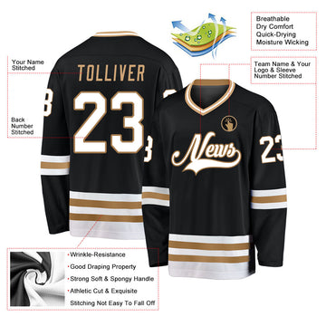 Uksn Individuelles Schwarz Weiß-Altgold Eishockey-Trikot