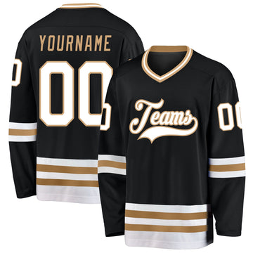 Uksn Individuelles Schwarz Weiß-Altgold Eishockey-Trikot