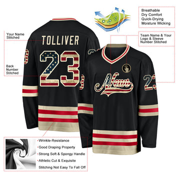 Uksn Individuelles Schwarz Vintage USA-Flagge-Creme Eishockey-Trikot