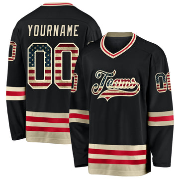 Uksn Individuelles Schwarz Vintage USA-Flagge-Creme Eishockey-Trikot
