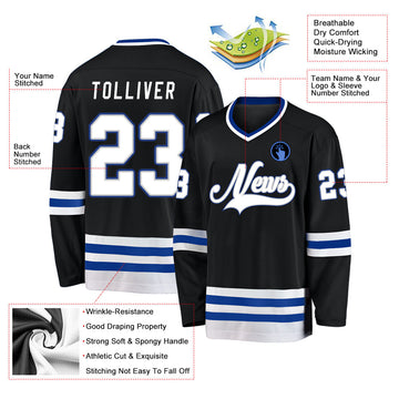 Uksn Individuelles Schwarz Weiß-Royalblau Eishockey-Trikot
