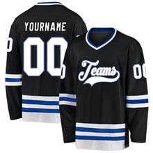 Laden Sie das Bild in den Galerie-Viewer, Uksn Individuelles Schwarz Weiß-Royalblau Eishockey-Trikot

