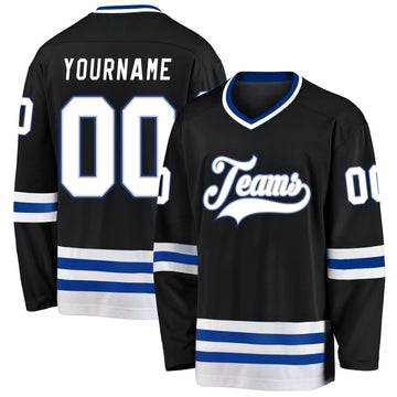 Uksn Individuelles Schwarz Weiß-Royalblau Eishockey-Trikot